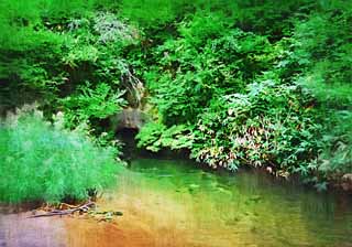 illust, matire, libre, paysage, image, le tableau, crayon de la couleur, colorie, en tirant,Une caverne du barrage de la bouche de la porte, Eau de l'irrigation, corps du tigre blancs, Aizu, Riz grandir