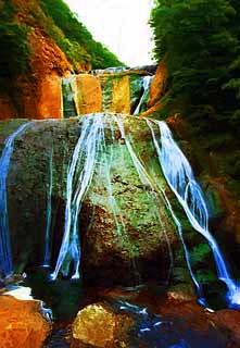 illustration,material,free,landscape,picture,painting,color pencil,crayon,drawing,A waterfall of Fukuroda, westing Buddhist priest, Takikawa, Kuji River, Komon Mito