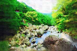 illust, materiell, befreit, Landschaft, Bild, Gemlde, Farbbleistift, Wachsmalstift, Zeichnung,,Der Fluss des Wasserfalles von Fukuroda, riesiger Stein, Takikawa, Kuji-Fluss, Strmung