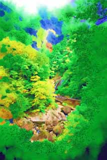 illustration,material,free,landscape,picture,painting,color pencil,crayon,drawing,A waterfall of Fukuroda, westing Buddhist priest, Takikawa, Kuji River, Komon Mito