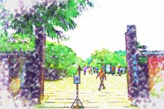 illust, materiale, libero panorama, ritratto dipinto, matita di colore disegna a pastello, disegnando,Il Kairaku-en cancello est ed Orto, Bairin, I giapponesi fanno del giardinaggio, Nariaki Tokugawa, turista