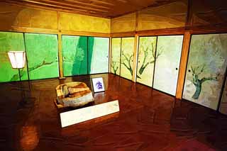 illust, materiale, libero panorama, ritratto dipinto, matita di colore disegna a pastello, disegnando,Kairaku-en Garden la pergola di Yoshifumi, fusuma dipingono, Il pino dell'accappatoio di un angelo, ritratto, 