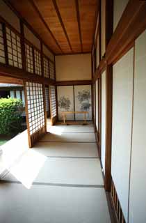 Foto, materiell, befreit, Landschaft, Bild, hat Foto auf Lager,Kairaku-en Garden Yoshifumi-Laube, Korridor, tatami verfilzt, fusuma stellt sich vor, shoji