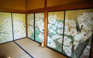 photo,material,free,landscape,picture,stock photo,Creative Commons,Kairaku-en Garden Yoshifumi bower, fusuma picture, cherry tree, picture, rest room