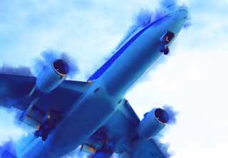 illustration,material,free,landscape,picture,painting,color pencil,crayon,drawing,A jetliner, gear, flap, jet engine, wing