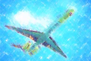 illustration,material,free,landscape,picture,painting,color pencil,crayon,drawing,A jetliner, gear, flap, jet engine, wing