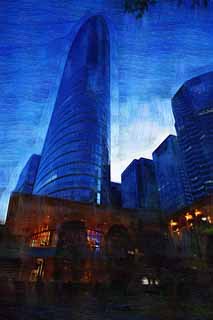 illustration,material,free,landscape,picture,painting,color pencil,crayon,drawing,Shinagawa, high-rise building, An office building, Shinagawa interchange city, At dark