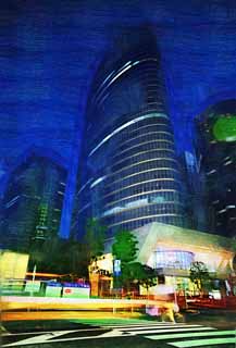 illust, material, livram, paisagem, quadro, pintura, lpis de cor, creiom, puxando,Shinagawa, edifcio de edifcio alto, Um edifcio comercial, Shinagawa trocam cidade, A escurido