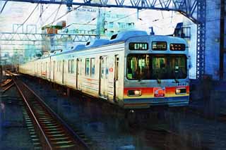Illust, materieel, vrij, landschap, schilderstuk, schilderstuk, kleuren potlood, crayon, werkje,Tokyu Oimachi Line, Weg trein, Mizonokuchi, Oimachi Lijnen, Een sinaasappel
