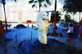 Illust, materieel, vrij, landschap, schilderstuk, schilderstuk, kleuren potlood, crayon, werkje,Kleine Merlion, Singapure, Merlion parkeren, Mermaid, 