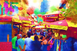 illust,tela,gratis,paisaje,fotografa,idea,pintura,Lpiz de color,dibujo,Chinatown, Ciudad de calle de agua de carruaje de vaca, Sombrilla, Compras, Turista