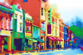 illustration,material,free,landscape,picture,painting,color pencil,crayon,drawing,Chinatown, shop, resting booth, Chinese medicine, shopping district