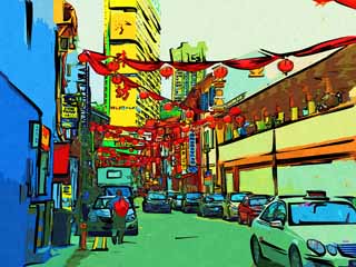illustration,material,free,landscape,picture,painting,color pencil,crayon,drawing,Chinatown, shop, lantern, car, shopping district