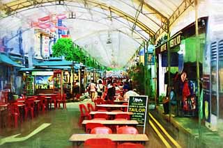 illustration,material,free,landscape,picture,painting,color pencil,crayon,drawing,Chinatown, table, restaurant, An arcade, shopping district