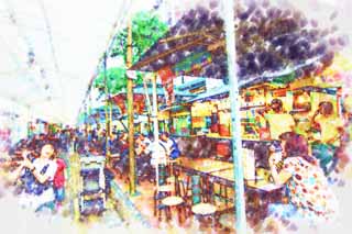 illust, matire, libre, paysage, image, le tableau, crayon de la couleur, colorie, en tirant,Chinatown, table, restaurant, Une arcade, faisant les courses district