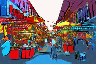 illust,tela,gratis,paisaje,fotografa,idea,pintura,Lpiz de color,dibujo,Chinatown, Ciudad de calle de agua de carruaje de vaca, Sombrilla, Compras, Turista