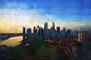 illustration,material,free,landscape,picture,painting,color pencil,crayon,drawing,The Singaporean daybreak, Skyscrapers, The morning sun, Quiet morning, blue sky