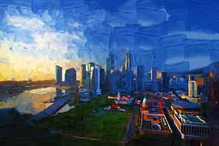 illustration,material,free,landscape,picture,painting,color pencil,crayon,drawing,The Singaporean daybreak, Skyscrapers, The morning sun, Quiet morning, blue sky