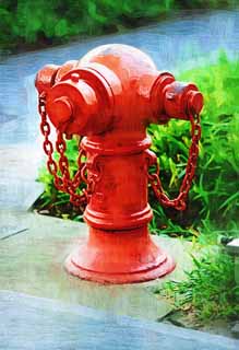 illust, materiell, befreit, Landschaft, Bild, Gemlde, Farbbleistift, Wachsmalstift, Zeichnung,,Ein Feuerhydrant, Kette, Feuer, Feuerauslschung, Brandbekmpfend