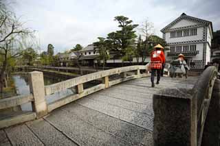 fotografia, materiale, libero il panorama, dipinga, fotografia di scorta,Kurashiki Nakahashi, Fiume di Kurashiki, il muro copr con tegole quadrate ed articolato con intonaco in rilievo, salice, muro bianco