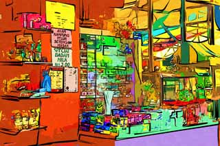 illustration,material,free,landscape,picture,painting,color pencil,crayon,drawing,A general store, Men toss, cigarette, store, cake