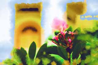 illust, materiell, befreit, Landschaft, Bild, Gemlde, Farbbleistift, Wachsmalstift, Zeichnung,,Ein rosa frangipani, Islam, Tempel, Religion, Ich bin schn