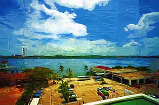 Illust, materieel, vrij, landschap, schilderstuk, schilderstuk, kleuren potlood, crayon, werkje,De Johore Strait, Landsgrens, Coe weg, Parkeerterrein, Blauwe lucht