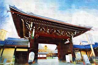 illust, matire, libre, paysage, image, le tableau, crayon de la couleur, colorie, en tirant,Le temple Honganji ouest dans lequel l'image du fondateur est installe dans la porte, Honganji, Chaitya, La porte, lanterne