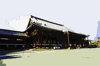 illustration,material,free,landscape,picture,painting,color pencil,crayon,drawing,West Honganji Amitabha hall, Honganji, Chaitya, Amitabha, wooden building