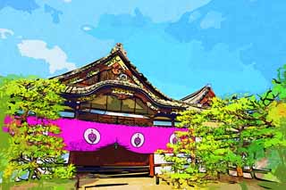 illustration,material,free,landscape,picture,painting,color pencil,crayon,drawing,West Honganji study, Honganji, Chaitya, Shinran, roof tile