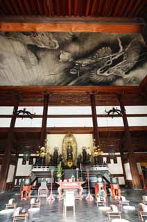fotografia, material, livra, ajardine, imagine, proveja fotografia,O Templo de Tofuku-ji corredor principal de um templo budista, Chaitya, O quadro do drago, Imagem budista, imagem de dolo principal de Buda com os dois santos budistas dele em cada imagem de lados