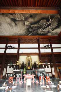 photo,material,free,landscape,picture,stock photo,Creative Commons,The Tofuku-ji Temple main hall of a Buddhist temple, Chaitya, The picture of the dragon, Buddhist image, principal idol image of Buddha with his two Buddhist saints on each sides image