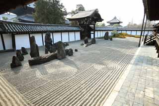 Foto, materiell, befreit, Landschaft, Bild, hat Foto auf Lager,Tofuku-ji Temple Hauptpriester Vorgarten vom Hall fr staatliche Zeremonien, Chaitya, Stein, Chinesisch-Stiltor, trocknen Sie Landschaft japanischen Gartengarten