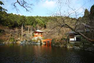 foto,tela,gratis,paisaje,fotografa,idea,Esposa de Temple de Daigo - ji de templo zen - sacerdote principal, Chaitya, Laguna, Sarasvati, Soy pintado de rojo