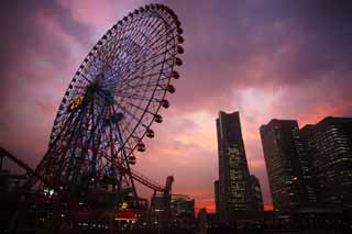 fotografia, materiale, libero il panorama, dipinga, fotografia di scorta,Yokohama Minato Mirai 21, torre di pietra miliare, Ferris la ruota, Un parco di divertimenti, citt di modello futura