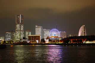 fotografia, materiale, libero il panorama, dipinga, fotografia di scorta,Yokohama Minato Mirai 21, torre di pietra miliare, Ferris la ruota, Un parco di divertimenti, citt di modello futura