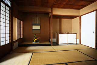 Foto, materiell, befreit, Landschaft, Bild, hat Foto auf Lager,Eine Person des Meiji-mura Village Museum Ostkiefernhaus, tokonoma, tatami verfilzt, Japanisch-Stilzimmer, das Rutschen von Papier-Eingang