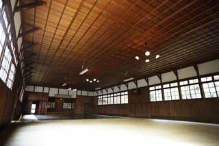 Foto, materiell, befreit, Landschaft, Bild, hat Foto auf Lager,Das vierte Meiji-mura-Dorf Museum lteres Gymnasium kriegerisches Knste-dojo-Studio [ein schweigsamer Tempel], das Bauen vom Meiji, Die Verwestlichung, West-Stilgebude, Kulturelles Erbe