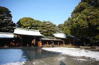 Foto, materiell, befreit, Landschaft, Bild, hat Foto auf Lager,Meiji-Schrein, Der Kaiser, Schintoistischer Schrein, torii, Schnee