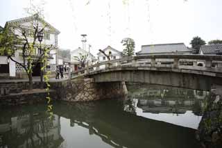 Foto, materiell, befreit, Landschaft, Bild, hat Foto auf Lager,Kurashiki Kurashiki-Fluss, Traditionelle Kultur, steinigen Sie Brcke, Japanische Kultur, Die Geschichte