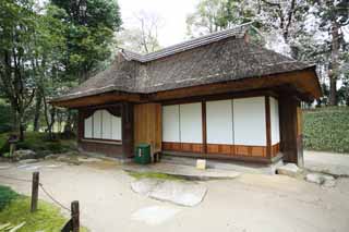 Foto, materieel, vrij, landschap, schilderstuk, bevoorraden foto,Koraku-en Garden Kankitei, Stro-thatched bekapen, Shoji, Jap-trant kamer, Traditie architectuur