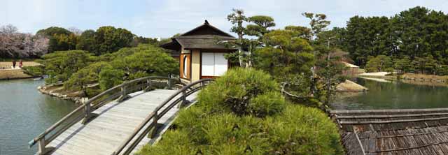 Foto, materiell, befreit, Landschaft, Bild, hat Foto auf Lager,Korakuen Island, der Htte lehnt, das Ausruhen von Htte, Brcke, Tee-Zeremonienzimmer, Japanisch grtnert