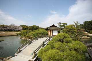 Foto, materieel, vrij, landschap, schilderstuk, bevoorraden foto,Korakuen Eiland rustende kraam, Rustende kraam, Brug, Thee-plechtigheid kamer, Japanse tuin