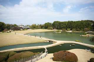 photo, la matire, libre, amnage, dcrivez, photo de la rserve,L'tang du Koraku-en marais de Jardin, reposant baraque, pelouse, tang, Japonais jardine