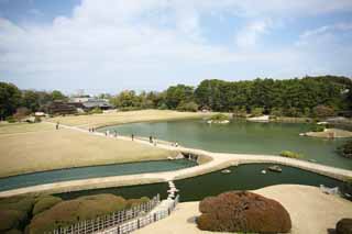 Foto, materieel, vrij, landschap, schilderstuk, bevoorraden foto,De waterplas van de Koraku-en Tuin stromen, Rustende kraam, Grasveld, Waterplas, Japanse tuin