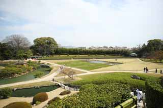 Foto, materieel, vrij, landschap, schilderstuk, bevoorraden foto,De waterplas van de Koraku-en Tuin stromen, Rustende kraam, Grasveld, Waterplas, Japanse tuin