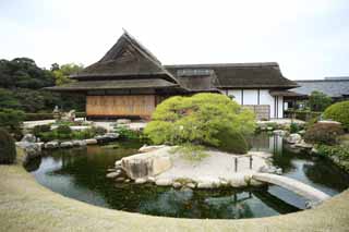 photo, la matire, libre, amnage, dcrivez, photo de la rserve,Koraku-en jardin Enyoutei, tang, Btiment du Japonais-style, toit paille-de chaume, Japonais jardine