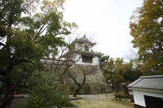Foto, materiell, befreit, Landschaft, Bild, hat Foto auf Lager,Okayama-jo Burg, die das Mondruder ansieht, Burg, nehmen Sie die Kurve Ruder, Krhen Sie Burg, 