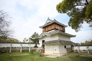 Foto, materiell, befreit, Landschaft, Bild, hat Foto auf Lager,Okayama-jo Burg, die das Mondruder ansieht, Burg, nehmen Sie die Kurve Ruder, Krhen Sie Burg, 