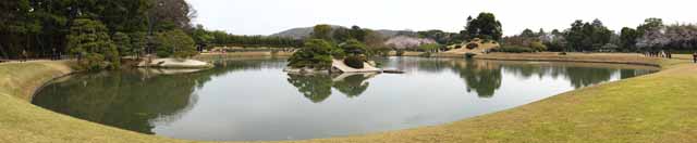 photo, la matire, libre, amnage, dcrivez, photo de la rserve,L'tang du Koraku-en marais de Jardin, reposant baraque, pelouse, tang, Japonais jardine